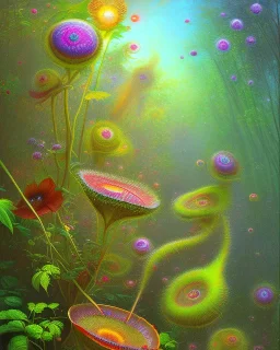 mystical venus fly trap, flowers, jungle, vibrant colours, impressionism, soft lighting. trees in background,