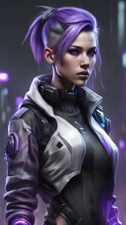 Cyberpunk female with black, grey, white, and purple coloration and clothing in a realistic style