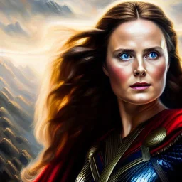 Ultra detailed fullbody Portrait in oil on canvas of Jane Foster’s Mighty Thor ,intense stare,extremely detailed digital painting, extremely detailed face,crystal clear Big eyes, mystical colors ,perfectly centered image, perfect composition, rim light, beautiful lighting,masterpiece,8k, stunning scene, raytracing, anatomically correct, in the style of robert e howard and Ken Kelley and Ohrai Noriyoshi and Simon Bisley and tomzj1