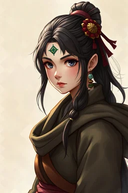 dnd monk amrtial art traveler sage girl with traditional hairstyle and hair decoration with dark hair grey eyes