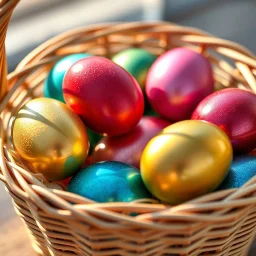 digital photograph of modern basket colorful Easter eggs. eggs display in azure, emerald, blush,red, crimson,gold, sapphire,metallic cinematic HDR backlighting highlights subtle dimples and glossy reflections, with shallow depth of field softening the sunlit background. hyperrealistic 8k resolution,