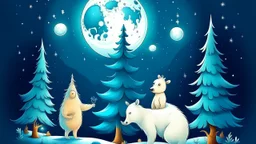 fantasy cartoon illustration: a reindeer, a polar bear, a rabbit are decorating a Christmas tree, beneath a full moon