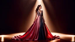 Glamorous woman in elegant evening gown posing on luxury stage under spotlight, cinematic lighting, photorealistic, fashion magazine styletion, Vogue editorial aesthetic.