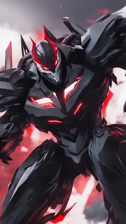 A close picture to Mix between transformers and venom symbiote in solo leveling shadow art style with red details detailsis in fantasy world