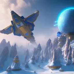 Spaceship landed on snowy mountain, sunny day. clear blue sky. gold. Elegant. Extremely detailed. Award winning photography. Fantasy. 8k. Cinematic lighting. Photorealistic. Dynamic lighting. Imperial colors. Crisp quality. Unreal Engine. Colourful cinematic postprocessing. Pixar. VRay.