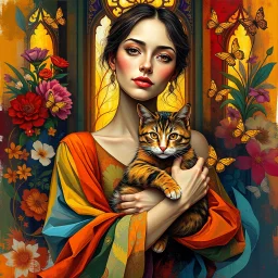 A vibrant, artistic portrait of a woman holding a cat, with rich, layered, and vivid colors. The woman is surrounded by flowing fabrics in bold hues, intricate floral patterns in the background, and dynamic brushstrokes that create a sense of movement. Add golden light filtering through stained-glass windows, delicate butterflies fluttering around, and abstract geometric shapes blending into the scene. The style is expressive, painterly, and immersive, evoking a sense of wonder and depth.