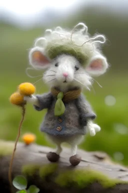 A needlefelted, tall , frizzy mouse in the meadows. Wearing a grey knitted scarf and wearing glossy rainboots. Real white, tall mushrooms around and moss. Lots of dewdrops. A storm is brewing in the background.