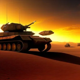 volumetric Wide desert battle view painted by chris foss of Military hovertank from the future, 4k, 8k, Minutiae, highly detailed, render, rivets, hovering, axles, stripes, sunset stormy,