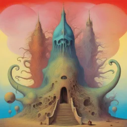 Bright colors, lovecraftian nightmare contrivance, by Zdzislaw Beksinski, by Gerald Scarfe, and Max Ernst and Squeak Carnwath, surreal and abstract, dynamic diagonal composition, sinister, rich pastel colors, expansive, grand, impossible magnificence, octane render, opulent weirdness, Glory to the Grotesque, symbolism