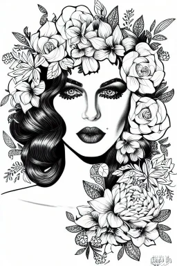 hyper detailed, black and white, thick line, coloring book illustration, lineart, stunningly beautiful woman in flowers