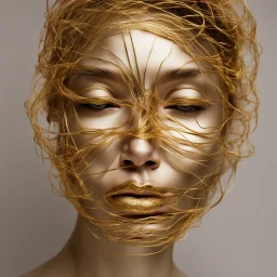 Woman face made of golden metal wires