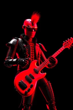 A realistic 4K robot terminator with a red punk crest playing bass, black background, flames all around him.