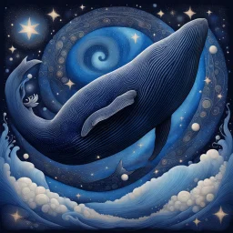 Create an image of a colossal, surreal whale dominating the foreground, blending into a starry night. The whale itself is a deep, cosmic blue with celestial bodies and stardust spiraling within it, suggesting a galaxy. It features intricate patterns and textures that reminisce the surface of a planet. The galaxy is alive with motion, reflecting the light of a super star (blue) that glimmers. The transition is seamless, symbolizing a cosmic fusion of whale and space, hinting at the vast and myste