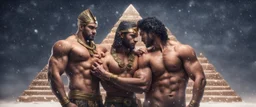 Hyper realistic shirtless muscular handsome male pharaohs hugging & a pyramid behind at snowfall night