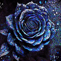 A detailed high quality surreal painting of a delicate, shimmering single blue animorphic rose that had a small pretty face in its petals, pouting, background is a blurred black and white hypnotic pattern, very mod, 1960s inspired art, psychedelic, highly detailed conceptual art, mixed media collage, dark fantastical atmosphere, fine lines, dali-esc, beautiful and natural, strange art, optical illusion