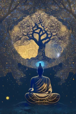 buddha sitted in front, tree of life with geometric swirls as leaves, starry night, 4K