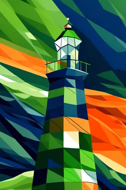 An abstract interpretation of the characteristics of a lighthouse, representing the connection between people and online mental health services. The colors navy blue, olive green and orange are used to convey confidence, vitality and seriousness and should be part of it.