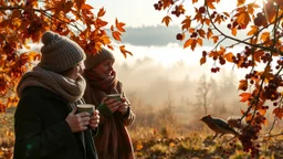 Autumn: falling leaves, Misty mornings, fog over distant fields or forests, sunshine; people wearing scarves, woolly hats, gloves, holding mugs of steaming hot drinks; chestnuts, acorns, berries, rowan, holly, mistletoe; birds migrating; squirrels gathering nuts; beautiful colours, atmospheric. Award winning photograph.