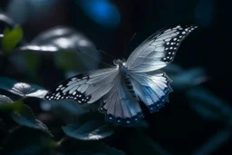 diaphanous transparent light butterfly with glowing center on dark grey leaves, ethereal, otherwordly, cinematic postprocessing, bokeh, dof