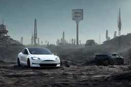 A Tesla 'Model S' is parked, within the trench of the Death Star. (CINEMATIC, WIDE ANGLE LENS, PHOTO REAL)