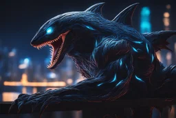 Huge symbiote in 8k solo leveling shadow drawing, shark effects, neon blue lights, sea, intricate details, highly detailed, high details, detailed portrait, masterpiece,ultra detailed, ultra quality