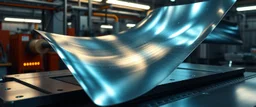 Prompt 3 — Smart Metal Sheets “Flexible hybrid sheets made of Fy-Lu-C, metallic and slightly glowing, magnetic fields visible as subtle energy waves, forming dynamic circuits, futuristic workshop or factory setting, high-tech industrial sci-fi, ultra-detailed surfaces, cinematic lighting.”