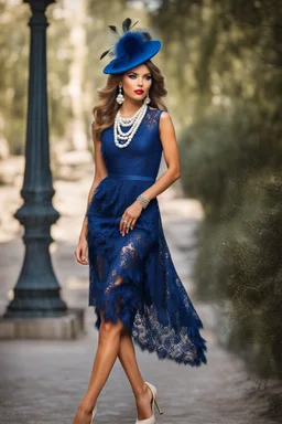 full body beautiful girl, elegant blue lace clothes of the 80s, luxury style, small elegant hat with feather, hair of the 80s, pearl necklace, earrings masterful, beautiful face