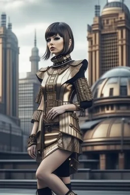 full body picture of a woman with a bob, a fringe hairstyle, Cleopatra clothing futuristic steampunk, city background