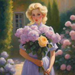 Sunny Day, lilac, flowers, roses,in the center a woman with blonde hair,beautiful makeup,long eyelashes in her hands a bouquet of flowers, yard science fiction, epic, paintings by Wilfrid de Glen and Rodolphe Whitman in the style of impressionism,portrait photorealism