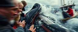 close up on scared people, collisions, aggression, ship hitting animals, animals interacting with vehicles, whales near boats, overlapping subjects, chaotic composition, distortion, surreal behavior, violence, confusion, merged objects,