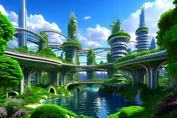 A futuristic alien city, with balconies, verandas, many arches, bridges, spires, paths, trees, dense foliage, Spanish moss, ivy, river, blue sky, white clouds