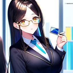 Clear focus, 8k, high quality, detailed, beautiful lighting, girl, vibrant colors, black long hair, vibrant golden eyes, office clothes, glasses, holding pin,