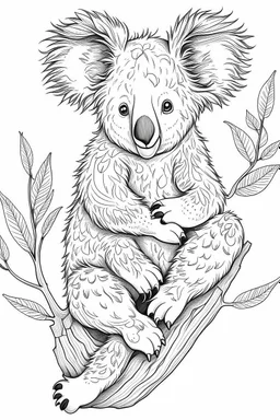Draw fluffy koala sitting in a tree with a cute pouch., clean line art, white background, no shadows, black and white coloring book.