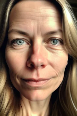 A selfie of a woman, middle blond hair, showing a 39-year-old European woman. She has brown hair, face without makeup, cute nose, detailed full lips, skin texture. Natural lighting and low contrast. Face framed.