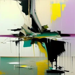 Empty Minimal contemporary abstract flat landscape painting.. Big brushstrokes. Twisted fragments of bodies. Drips of paint. style of Justin Mortimer and Adrian Ghenie. Triadic colour