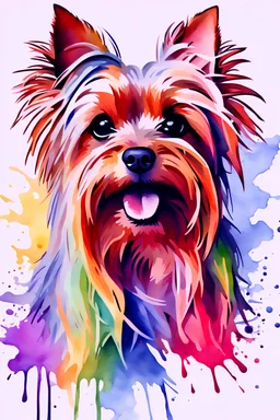 Masterpiece watercolor painting of a Yorkshire Terrier, simple logo background, watercolor painting STYLE, ultra detailed character, joyful lighting, vibrant rainbow color scheme.