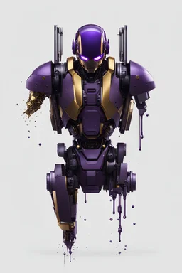 Human Like Cyborg, Royal purple and Gold, Combat Robot, Dangerous, Strong, Destroyed, Inside a Vat of Liquid