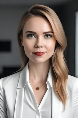 beautiful white woman face and bust looking at the camera in office outfit