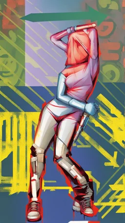 teen woman in retro-futurist cyberpunk costuming with pants and sheathed swords leaning to the side with shoulder against a brick pillar, add a background of brick with graffiti of a large arrow pointing to the right and text of the word "PUB" on lower left