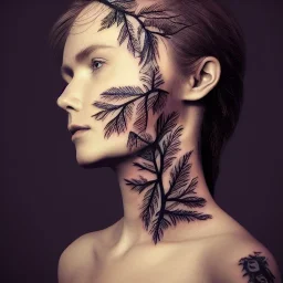 portrait of full face tattoo of branches and leaves that extend past face and become real, 8k resolution, high-quality, fine-detail, intricate, digital art, detailed matte, volumetric lighting, illustration, octane render,