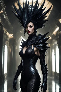 a very beautiful alien queen, with a giant black crown-like carapace on her head, thick lips, with a shiny black spiky carapace covering her entire body, and a long alien tail with a giant spike sharp, walking in a corridor