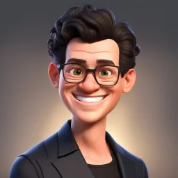 a portrait of smiling western man. caricature. black short curl hair. light skin. black eye pupils. rectangle eyeglasses, black frame. oval face shape. thick black extended goatee. wear black formal dress. pixar style. 3D. 4k. portrait. highly detailed. sharp focus. high resolution. full color. cinema lighting