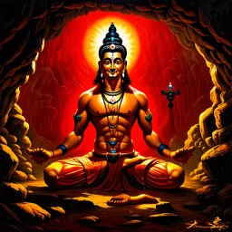 An oil painting of Hindu god YAMA in a cave, neon red colors, high detail, dark vibe