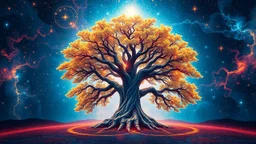 A large and sturdy tree of life in the center with luminous branches in a blue, red, gold, white, and galaxy-colored space in a special, eye-catching, psychedelic space.
