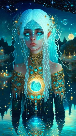 A beautiful girl with glowing starry eyes. And with turquoise hair decorated. And full body. Holds 10 glowing glass beads with a moon inside .girl void. full body Glowing golden eyes and white hair. Standing on a land of water embellished with sapphires and ornate trees. And beautiful buildings. And a sky full of star