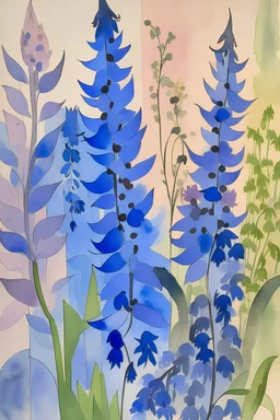 Watercolour of delphiniums in the style of Paul Klee