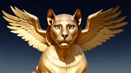 Sphinx with golden fur and hawk wings, wise and majestic