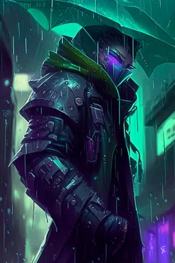 Shen from League of Legends in style cyberpunk in the rain