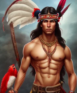 Guaicaipuro, native american god warrior, long black hair, big muscles, red feathers headdress, shirtless, holding a stone tip spear, fierce face