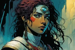 create the young female Ivrian from Ill met in lankhmar in the comic book art style of Mike Mignola, Bill Sienkiewicz and Jean Giraud Moebius, , highly detailed facial features, grainy, gritty textures, foreboding, dramatic otherworldly and ethereal lighting